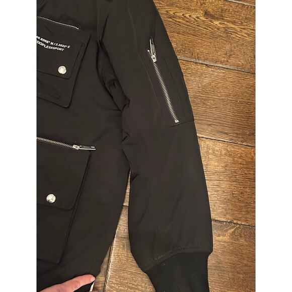 The Kooples Sport Logo Faux Down Fur Hooded Bomber Jacket Puffer Black Coat 2 M - Picture 8 of 14